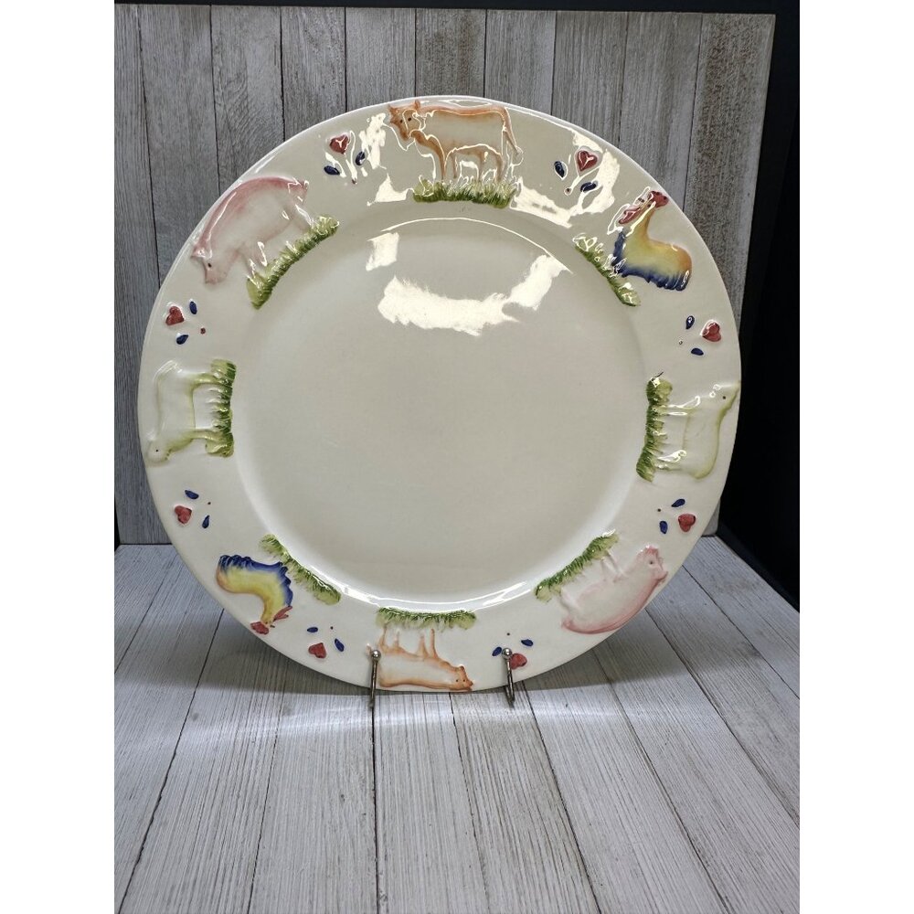 Vtg Stefani Farmhouse Animals Pig Rooster Cow 12.5" Dinner Plate Charger Set 2 - Picture 4 of 10
